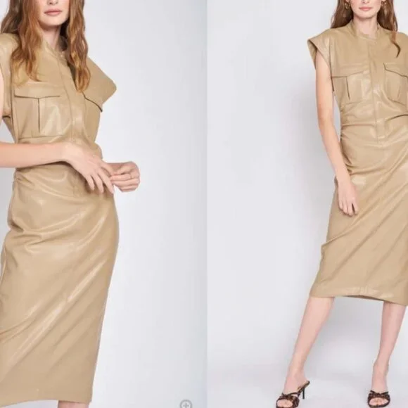 EN SAISON Vegan Leather Midi Dress Natural